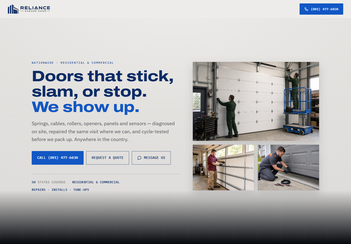 Reliance Garage Door website homepage